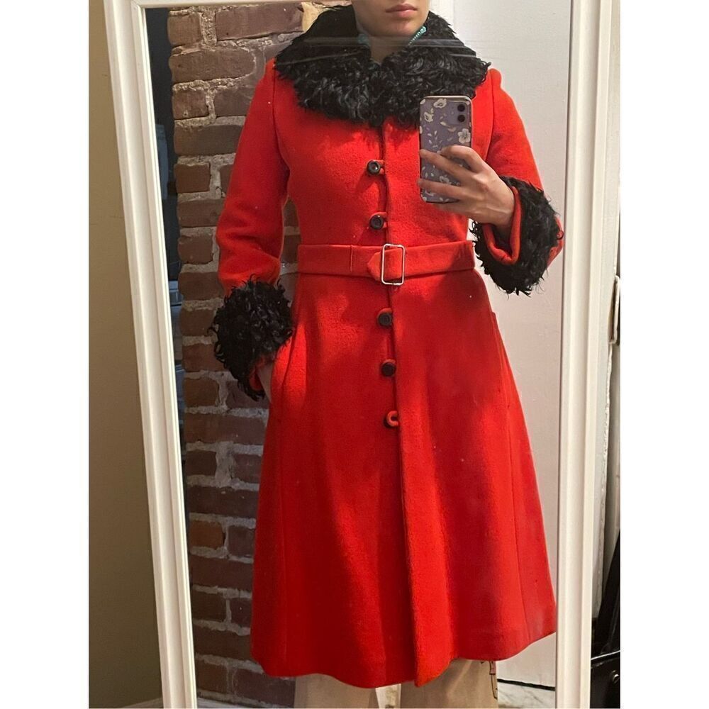 Vintage 1960 Bergdorf Goodman miss bergdorf wool long red peacoat faux black fur